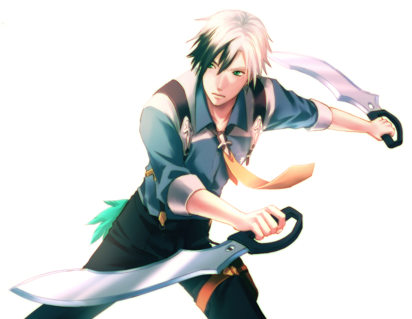 1boy, black_hair, colored_tips, dual_wielding, green_eyes, holding, holster, jarako_(gaillardia)
