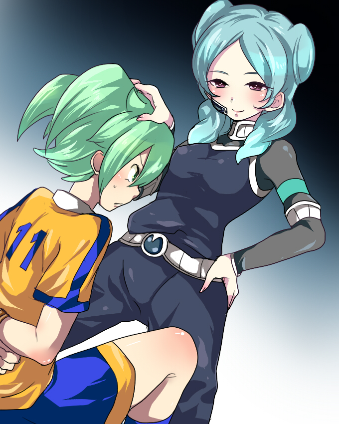 1boy, 1girl, armband, bad_id, bad_pixiv_id, beta_(inazuma_eleven), blue_hair, blush, fei_rune, femdom, green_eyes, green_hair, hetero, inazuma_eleven, inazuma_eleven_(series), inazuma_eleven_go, inazuma_eleven_go_chrono_stone, long_hair, protocol_omega, purple_eyes, raimon, smile, take_(tenkasu)