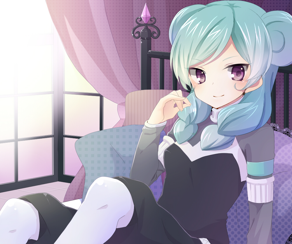 1girl, aqua_hair, armband, bad_id, bad_pixiv_id, bed, beta_(inazuma_eleven), female_focus
