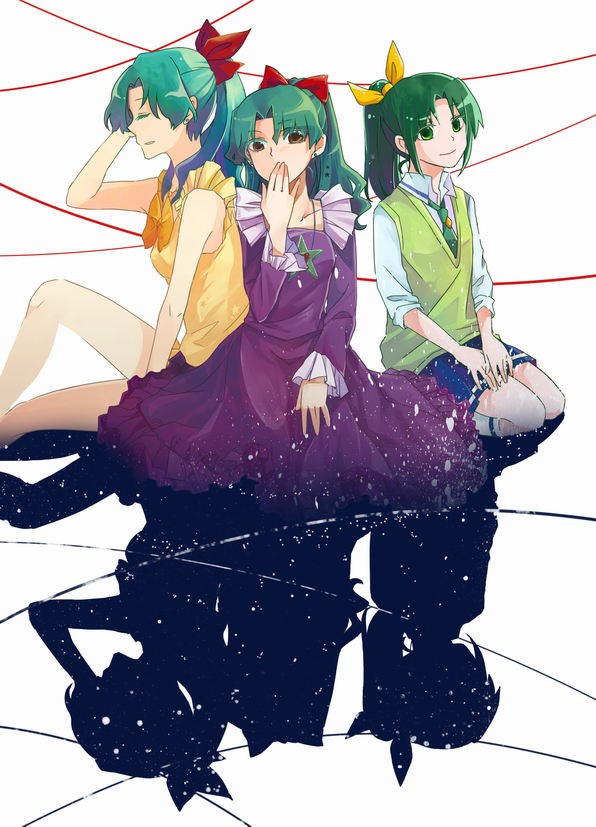 10s, 1990s_(style), 3girls, bad_id, bad_pixiv_id, bishoujo_senshi_sailor_moon, bow, brown_eyes, closed_eyes, color_connection, colored_eyelashes, cosmic_baton_girl_comet-san, crossover, dress, earrings, frills, gown, green_eyes, green_hair, green_necktie, green_sweater_vest, jewelry, kaiou_michiru, kazhi, kneehighs, look-alike, meteor_(comet-san), midorikawa_nao, multiple_crossover, multiple_girls, necktie, open_mouth, ponytail, precure, princess, retro_artstyle, ribbon, simple_background, sitting, skirt, sleeves_rolled_up, smile, smile_precure!, socks, star_(symbol), sweater_vest, wariza