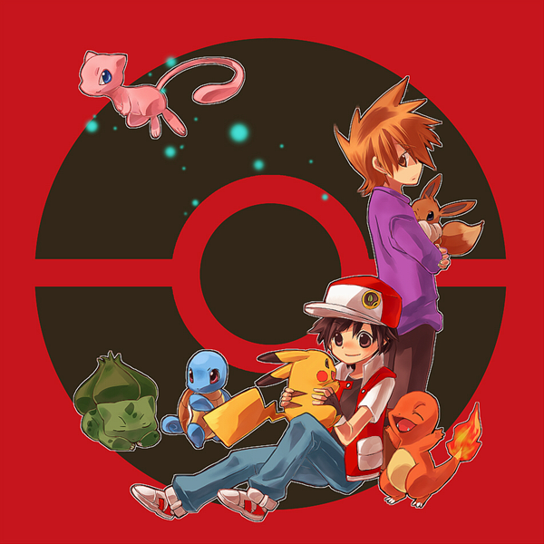 1990s_(style), 2boys, baseball_cap, black_hair, blue_oak, brown_eyes, brown_hair, bulbasaur