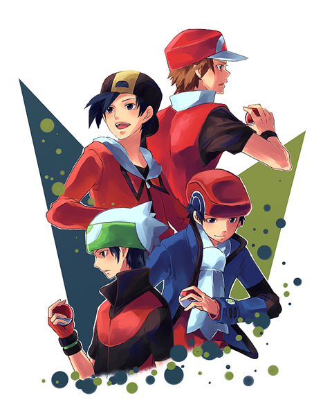 00s, 1990s_(style), 4boys, backwards_hat, baseball_cap, black_hair, blue_eyes, brendan_(pokemon)