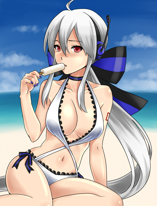 1girl, beach, bikini, bow, day, female_focus, food, hair_bow, headphones, headset, kirita_asami, long_hair, microphone, popsicle, red_eyes, solo, swimsuit, very_long_hair, vocaloid, white_hair, yowane_haku, yowane_haku_(swimwear)
