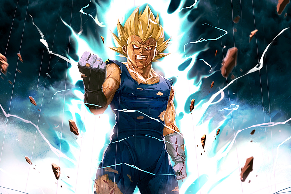 1boy, angry, aura, blood, clenched_hand, dragon_ball, dragonball_z, facial_mark