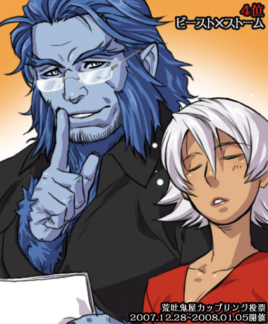 1boy, 1girl, :o, animification, beard, beast, beast_(x-men), blue_hair