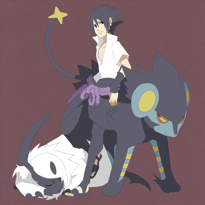 1boy, absol, black_eyes, black_hair, crossover, gen_3_pokemon, gen_4_pokemon, hikaru_(hkr3224)