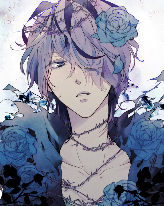 1boy, bad_id, bad_pixiv_id, blue_eyes, blue_flower, blue_rose, collarbone, flower