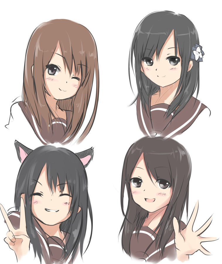 4girls, animal_ears, black_eyes, black_hair, brown_eyes, brown_hair, cat_ears, hair_ornament
