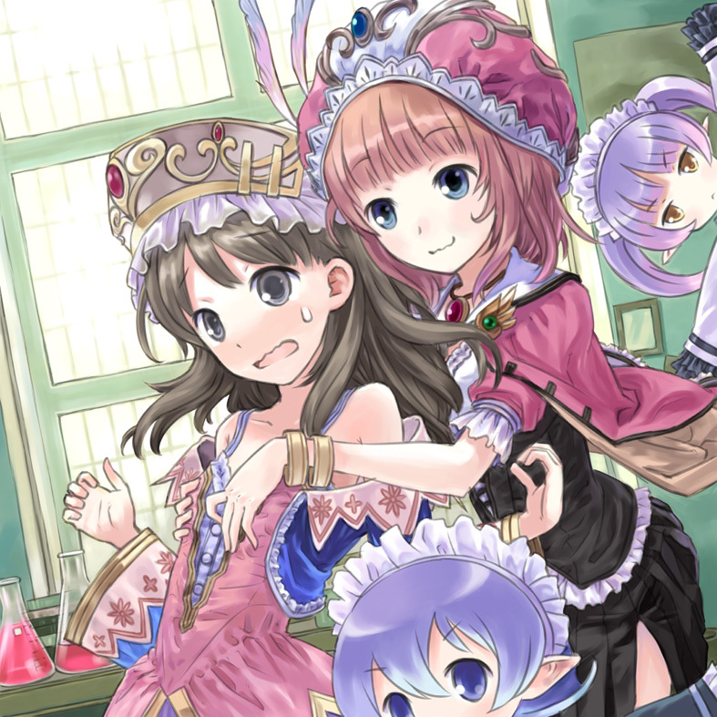 4girls, :<, :3, atelier_(series), atelier_totori, bare_shoulders, blue_eyes, blue_hair, bracelet, brown_hair, buntan, chim_(atelier), erlenmeyer_flask, female_focus, flask, flat_chest, flat_chest_grab, grabbing_another's_breast, grey_eyes, groping, hat, jewelry, light_purple_hair, maid_headdress, multiple_girls, orange_hair, pointy_ears, rorolina_frixell, sweatdrop, totooria_helmold, twintails, wavy_mouth, yellow_eyes