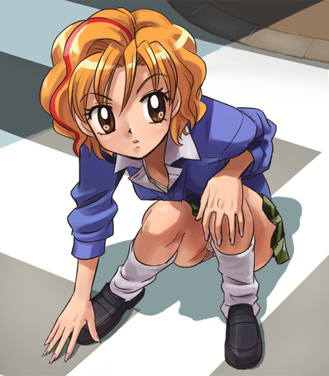 1girl, black_shoes, blue_sweater, brown_eyes, brown_hair, female_focus, fingernails, gals!, green_skirt, gyaru, hand_on_own_knee, haruyama_kazunori, kogal, kotobuki_ran, long_fingernails, loose_socks, multicolored_hair, nail_polish, panties, pantyshot, parted_lips, school_uniform, serafuku, shirt, shoes, short_hair, skirt, sleeves_rolled_up, socks, solo, streaked_hair, sweater, tan, teeth, underwear, white_shirt, white_socks