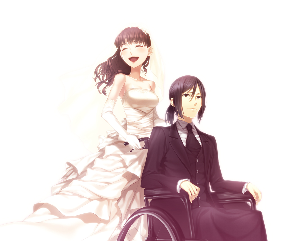 10s, 1boy, 1girl, ^_^, black_eyes, black_hair, brown_hair, dress