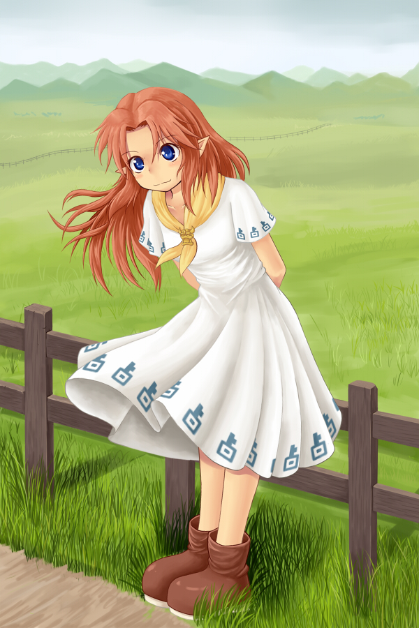 1girl, ascot, blue_eyes, blush, boots, brown_boots, dress, female_focus, full_body, long_dress, long_hair, malon, nintendo, red_hair, smile, solo, sora_(sunday_sky), the_legend_of_zelda, the_legend_of_zelda:_ocarina_of_time