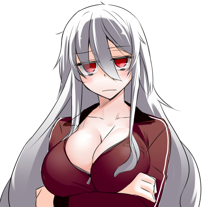 1girl, albino, bad_id, bad_pixiv_id, breast_rest, breasts, character_request, cleavage, crossed_arms, female_focus, highres, huge_breasts, ib_(kouri), jitome, large_breasts, long_hair, looking_at_viewer, red_eyes, silver_hair, simple_background, solo, white_background, yamane_akira, zipper