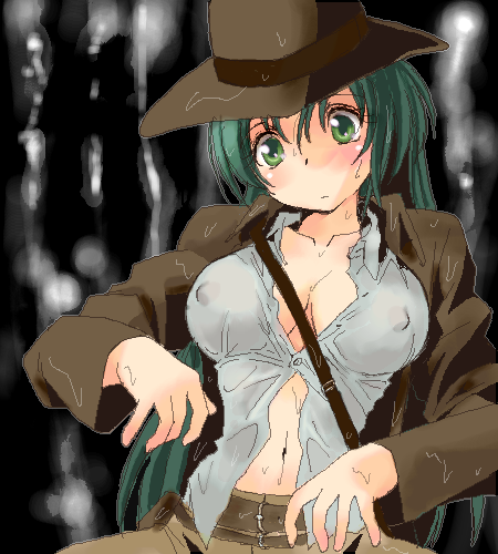 1girl, cosplay, female_focus, green_hair, hat, indiana_jones, indiana_jones_(cosplay), indiana_jones_(series)