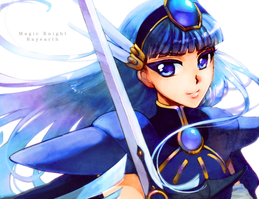 1990s_(style), 1girl, armor, blue_eyes, blue_hair, blue_hairband, blue_theme, copyright_name