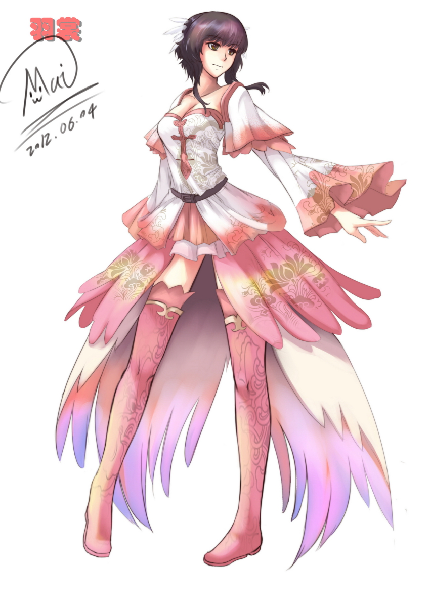 1girl, black_hair, boots, breasts, brown_eyes, cleavage, dated, dress, feather_hair_ornament, feathers, frills, hair_ornament, highres, paladin, pink_boots, pink_thighhighs, short_hair, shou_mai, signature, thigh_boots, thighhighs, wide_sleeves, xian_jian_qi_xia_zhuan_(series), xianjian_qixia_zhuan, xianjian_qixia_zhuan_5