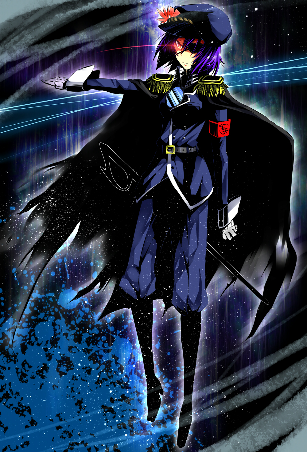 1girl, alternate_costume, armband, bad_id, bad_pixiv_id, bisuke_(k_step2009), blue_hair, boots, cape, daradara1999, epaulettes, eyepatch, female_focus, frown, gloves, glowing, glowing_eyes, hat, highres, kuga_huna, leaf, light_trail, military, military_uniform, mirror, outstretched_arm, red_eyes, rope, solo, sword, touhou, weapon, yasaka_kanako