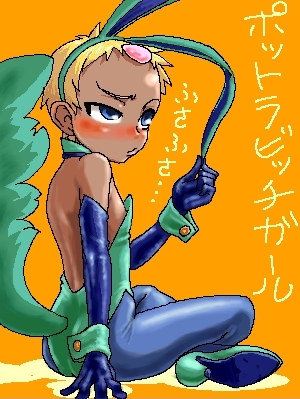 00s, 1girl, aliasing, animal_ears, back, bare_shoulders, blonde_hair, blue_eyes, blush, boro, chat_(tales), dark-skinned_female, dark_skin, detached_collar, elbow_gloves, fake_animal_ears, female_focus, flat_chest, gloves, high_heels, indian_style, lowres, orange_background, pantyhose, playboy_bunny, quickie_(tales), rabbit_ears, short_hair, simple_background, sitting, solo, tail, tales_of_(series), tales_of_eternia, translation_request, very_short_hair, wrist_cuffs, yellow_background