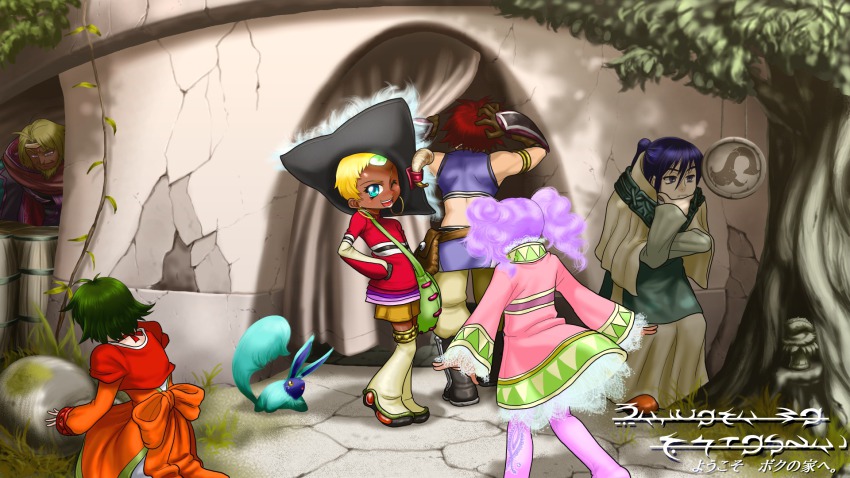 00s, 3boys, 3girls, bare_shoulders, barrel, beard, belt, blonde_hair