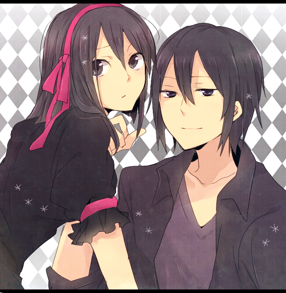 1boy, 1girl, bad_id, bad_pixiv_id, black_eyes, black_hair, checkered_background, couple