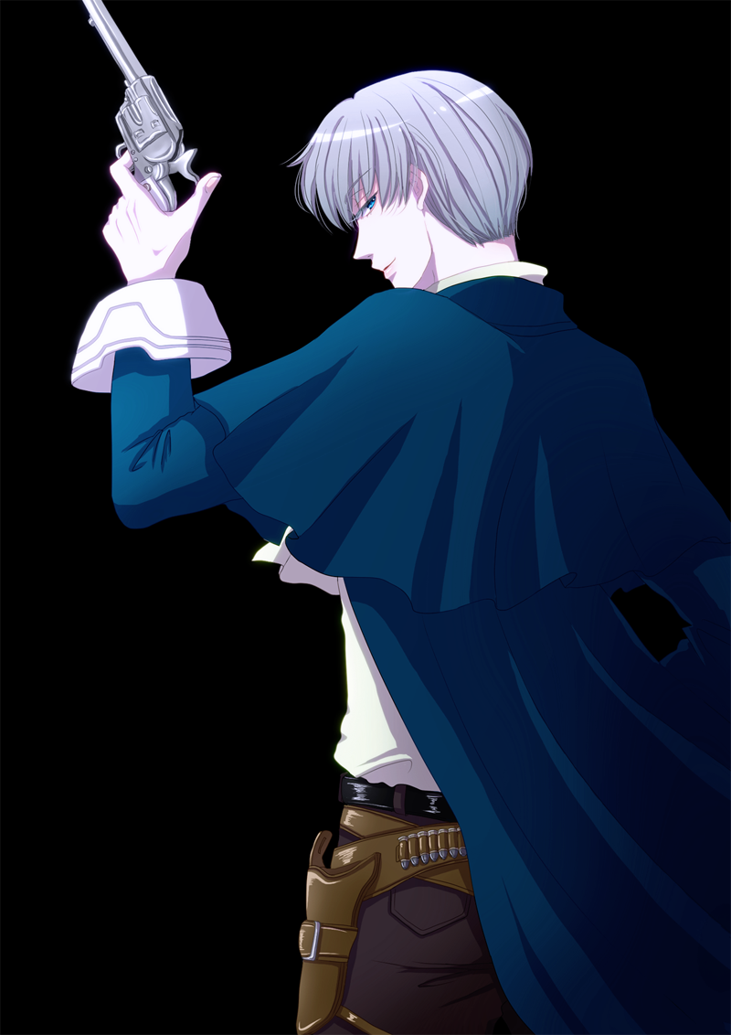 1boy, billy_lee_black, black_background, blue_eyes, cape, cloak, gun, handgun