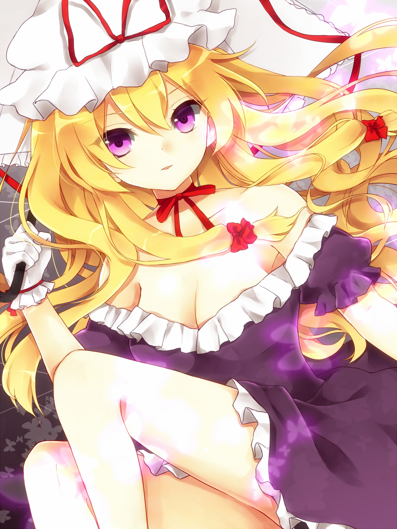 1girl, bad_id, bad_pixiv_id, blonde_hair, bow, breasts, bug, butterfly, cleavage, colorized, dress, female_focus, hair_bow, hat, hat_ribbon, long_hair, open_mouth, purin_jiisan, purple_eyes, ribbon, sae_(091688), smile, solo, touhou, umbrella, yakumo_yukari