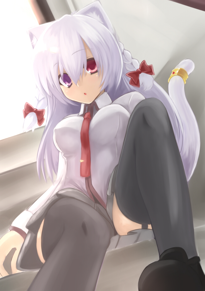 1girl, animal_ears, bad_id, bad_pixiv_id, black_thighhighs, braid, cat_ears, cat_tail