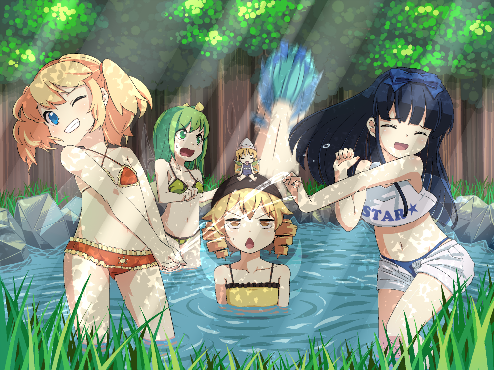 6+girls, :<, bad_id, bad_pixiv_id, bikini, black_hair, blonde_hair, blue_eyes