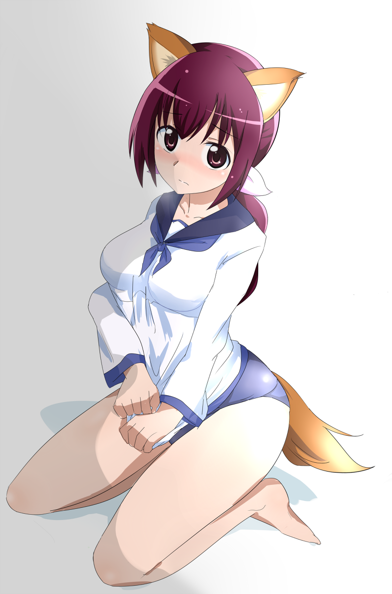 1girl, bad_id, bad_pixiv_id, barefoot, blush, cosplay, female_focus, highres, hoshizora_ikuyo, kneeling, long_hair, mature_female, miyafuji_yoshika, miyafuji_yoshika_(cosplay), mobu_(nonoichi), pink_eyes, pink_hair, ponytail, precure, school_swimsuit, school_uniform, serafuku, smile_precure!, solo, strike_witches, swimsuit, swimsuit_under_clothes, tanutiti312, world_witches_series