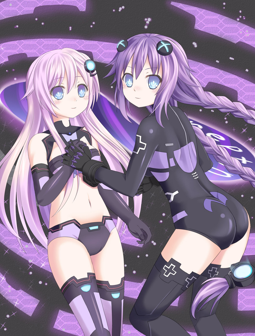 10s, 2girls, ass, blue_eyes, choujigen_game_neptune_mk2, female_focus, ikeda_yuuki, leotard