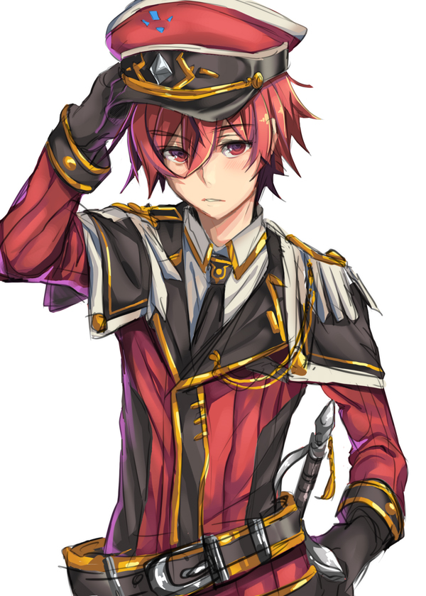1boy, arm_up, arubeni, bad_id, bad_pixiv_id, belt, cosplay, edan_(elsword), edan_(elsword)_(cosplay), elsword, elsword_(character), epaulettes, gloves, hat, male_focus, necktie, red_eyes, red_hair, solo, uniform, white_background
