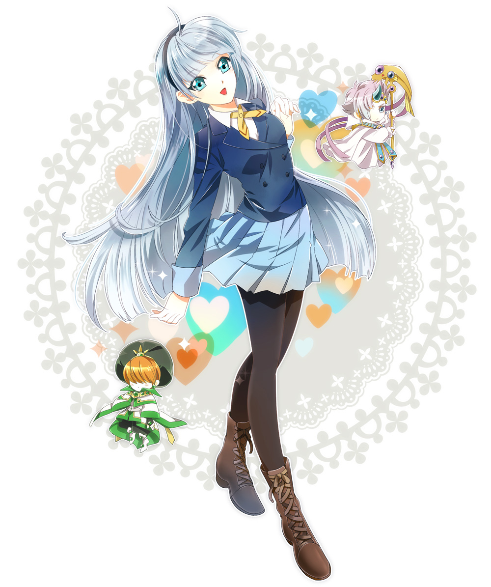 1990s_(style), 1girl, 2boys, ascot_(rayearth), black_hairband, blazer, blue_dress, blue_eyes, blue_hair, blue_pantyhose, blue_skirt, boots, brown_hair, chibi, circlet, clef, clef_(rayearth), dress, full_body, hair_over_eyes, hair_over_one_eye, hairband, hat, heart, heart_background, iyutani, jacket, lace-up_boots, long_hair, magic_knight_rayearth, mini_person, miniboy, multiple_boys, pants, pantyhose, retro_artstyle, robe, ryuuzaki_umi, school_uniform, shoes, skirt, smile, staff, white_hair