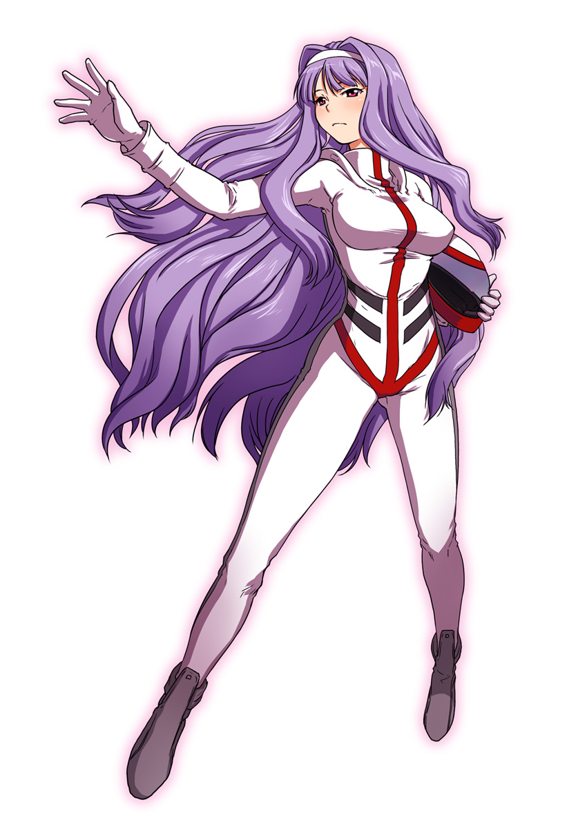 1girl, bodysuit, breasts, cosplay, female_focus, full_body, gloves, gundam, hairband, helmet, highres, idolmaster, idolmaster_(classic), large_breasts, long_hair, loran_cehack, loran_cehack_(cosplay), outstretched_arm, outstretched_hand, purple_hair, red_eyes, sakaki_imasato, shijou_takane, simple_background, solo, standing, turn_a_gundam, unworn_headwear, unworn_helmet, very_long_hair, white_background, white_gloves