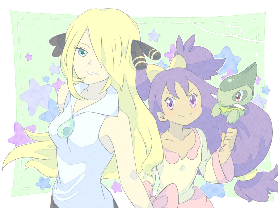 10s, 2girls, alternate_costume, axew, blonde_hair, cynthia_(pokemon), gen_5_pokemon, green_eyes