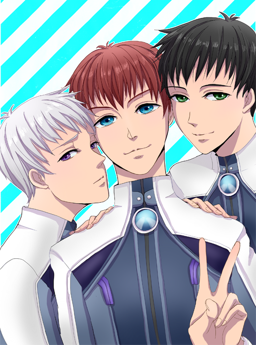 00s, 3boys, albedo_piazzolla, black_hair, blue_eyes, brothers, gaignun_kukai, green_eyes