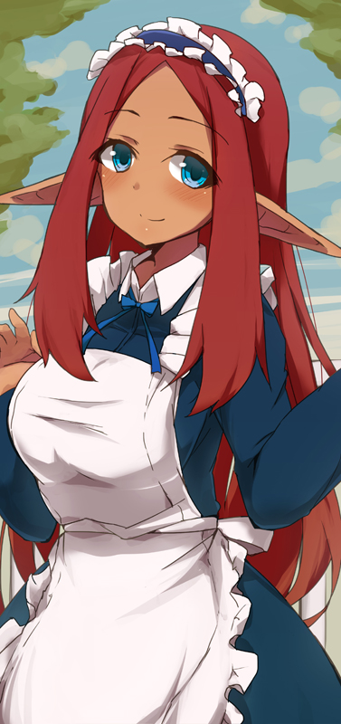 1girl, apron, blue_eyes, blush, breasts, dark_elf, dark_skin, dark-skinned_female