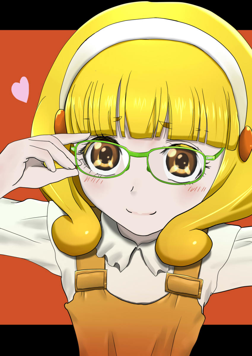 10s, 1girl, adjusting_eyewear, bespectacled, blonde_hair, blush, casual, female_focus