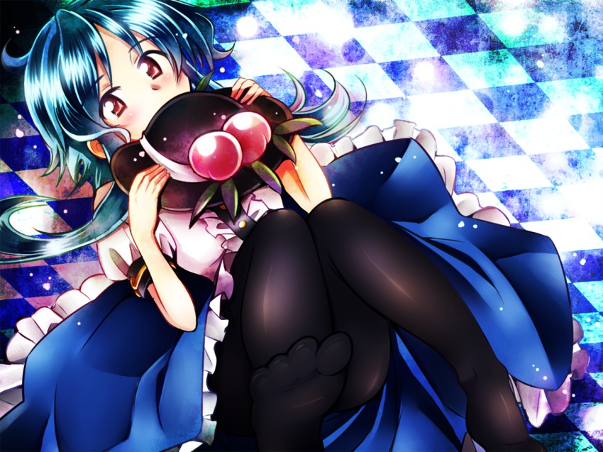 1girl, bad_anatomy, bad_feet, black_pantyhose, blue_hair, blush_stickers, buttons, checkered_floor