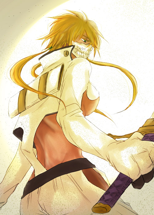 1girl, arrancar, back, bleach, blonde_hair, female_focus, from_behind, green_eyes, locoe, long_hair, solo, tier_harribel