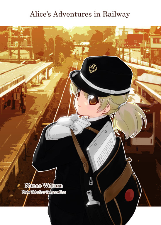 00s, 1girl, bag, blonde_hair, brown_eyes, female_focus, gloves, hat, ponytail, short_hair, smile, solo, tessai, tetsudou_musume, train_station, wakura_nanao, white_gloves
