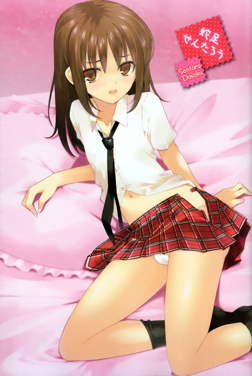 1boy, absurdres, black_socks, brown_eyes, brown_hair, dasoku_sentarou, highres, long_hair, lying, male_focus, nail_polish, navel, necktie, open_mouth, panties, plaid_clothes, plaid_skirt, pleated_skirt, scan, school_uniform, sitting, skirt, socks, solo, trap, underwear, white_panties, yokozuwari