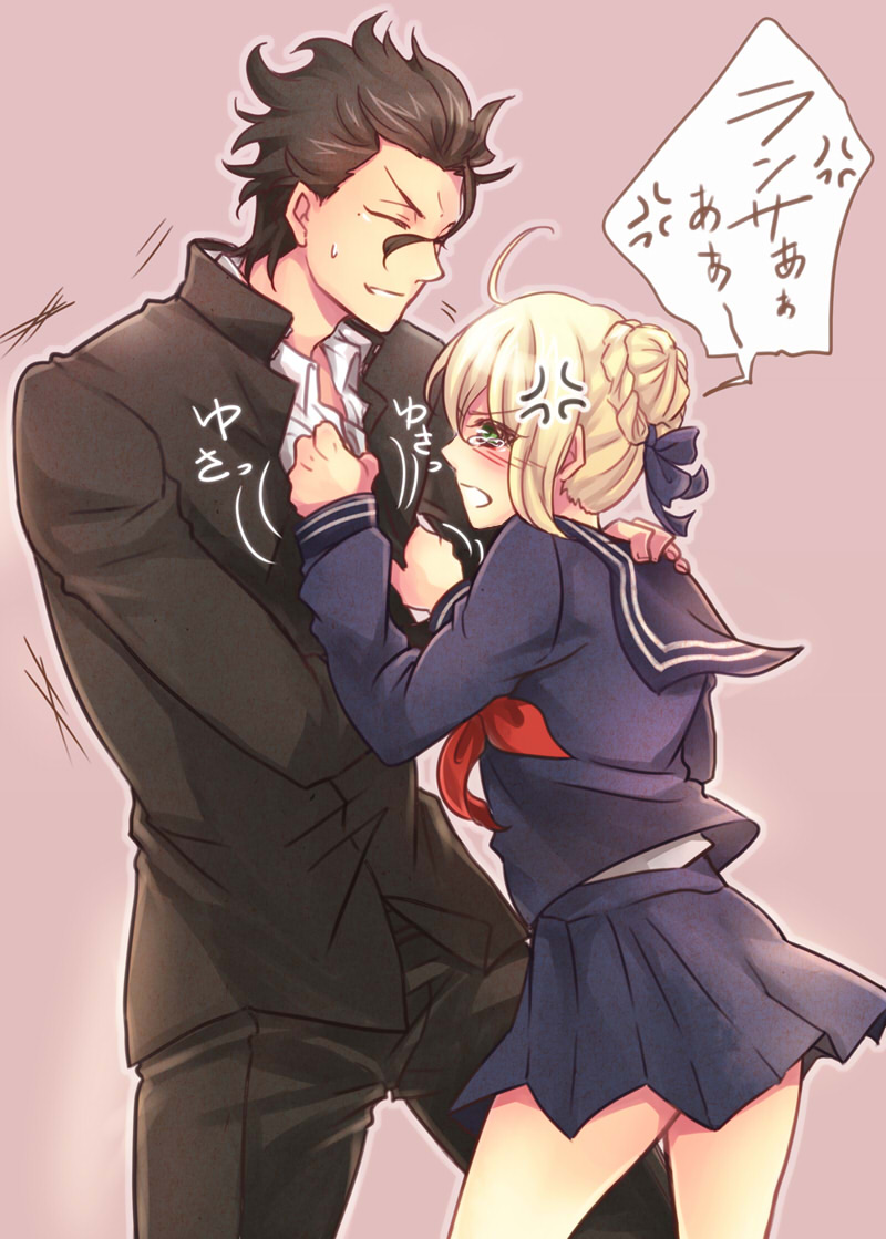 1boy, 1girl, ahoge, anger_vein, artoria_pendragon_(fate), bad_id, bad_pixiv_id, blonde_hair