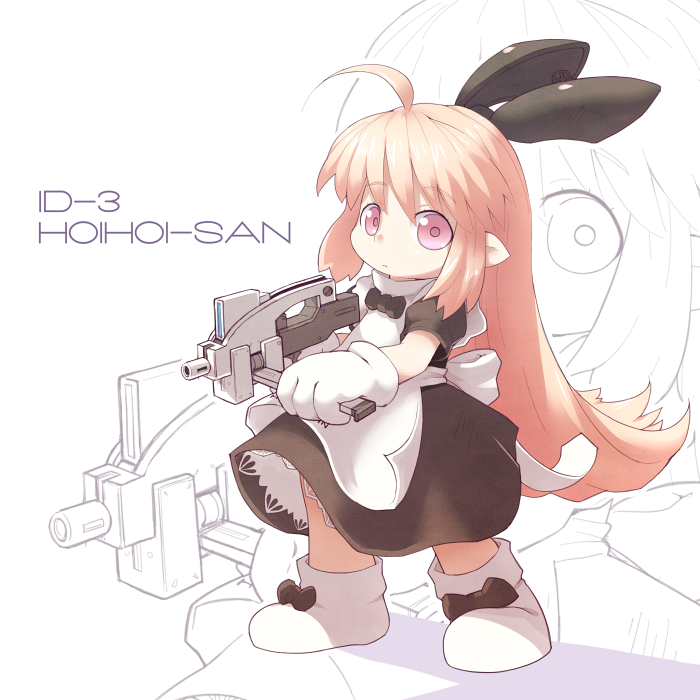 1girl, chibi, crab_man, dress, female_focus, gun, hoihoi-san, ichigeki_sacchuu!!_hoihoi-san