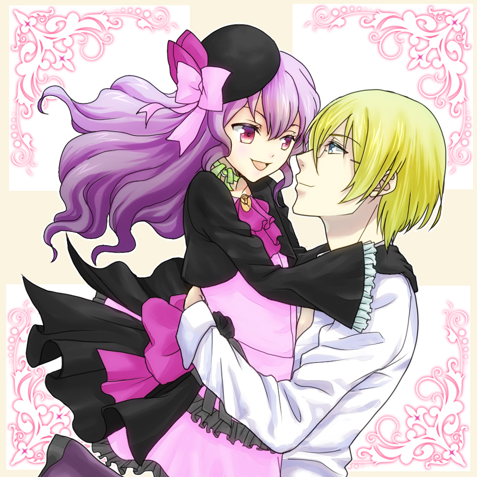 10s, 1boy, 1girl, akka_(raayu009), aquarion_(series), aquarion_evol, beret, blonde_hair, blue_eyes, bow, choker, ascot, crea_dorosera, dress, glasses, gloves, hat, purple_eyes, purple_hair, ribbon, shrade_elan