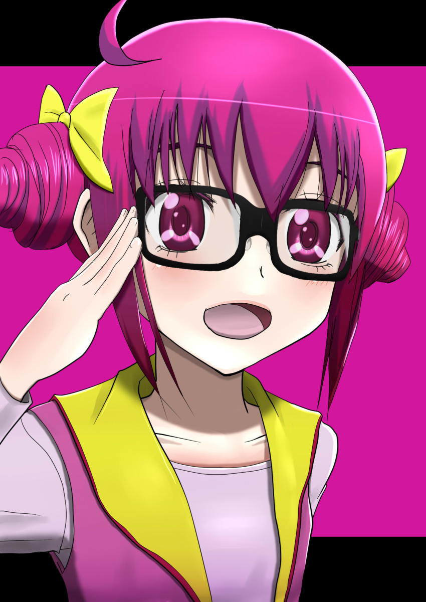 10s, 1girl, adjusting_eyewear, bespectacled, blush, bow, glasses, hair_bow