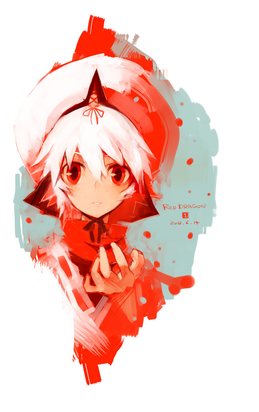 1girl, female_focus, hat, highres, horns, ibuki_(red_dragon), open_mouth, red_dragon, red_eyes, shimadoriru, short_hair, single_horn, solo, white_hair