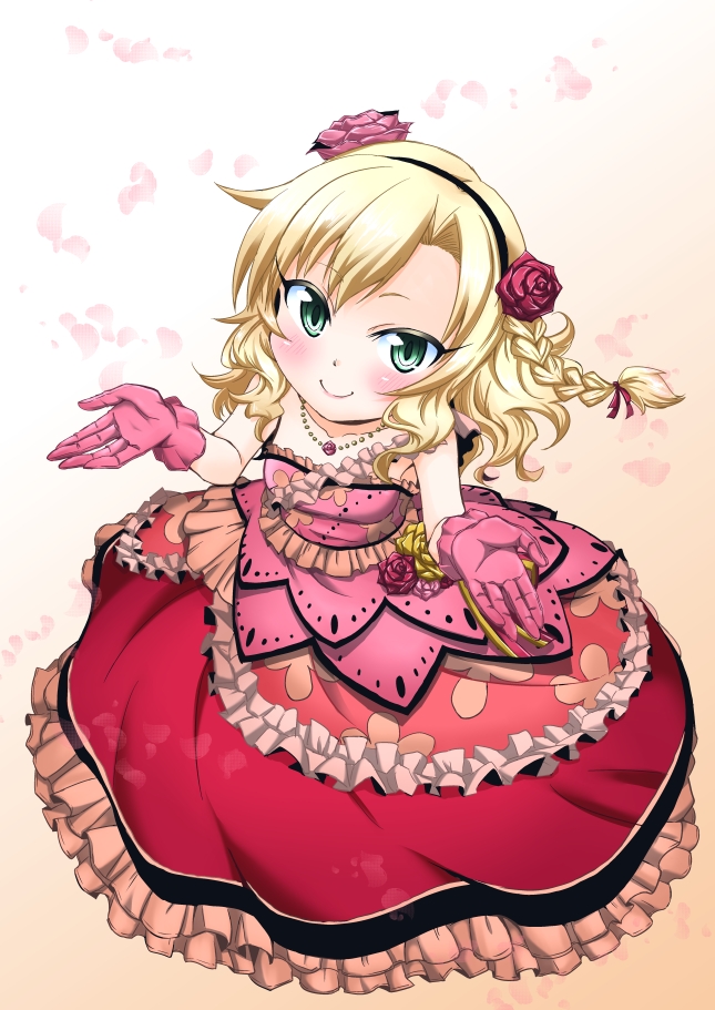 10s, 1girl, blonde_hair, blush, braid, dress, female_focus, flower