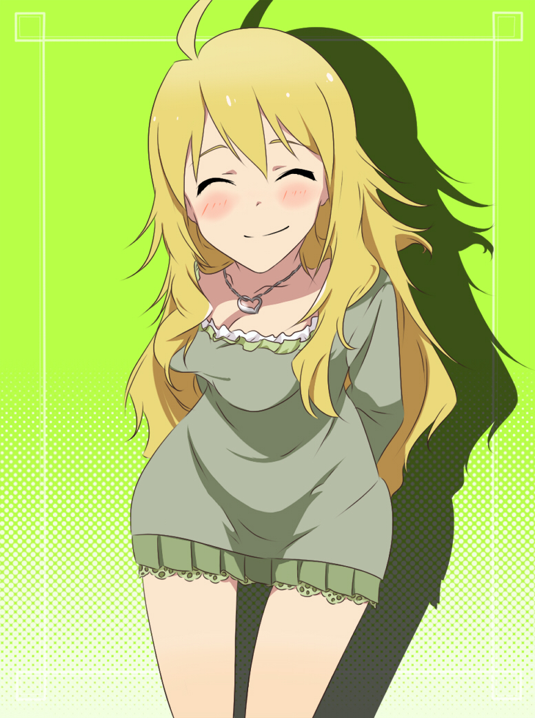 1girl, ahoge, blonde_hair, blush, breasts, closed_eyes, dress, female_focus