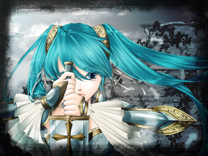 1girl, aqua_hair, armor, blue_eyes, female_focus, hatsune_miku, highres, mituki