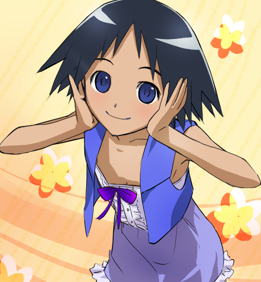 1girl, armpits, black_hair, blue_eyes, bow, downblouse, female_focus, flat_chest
